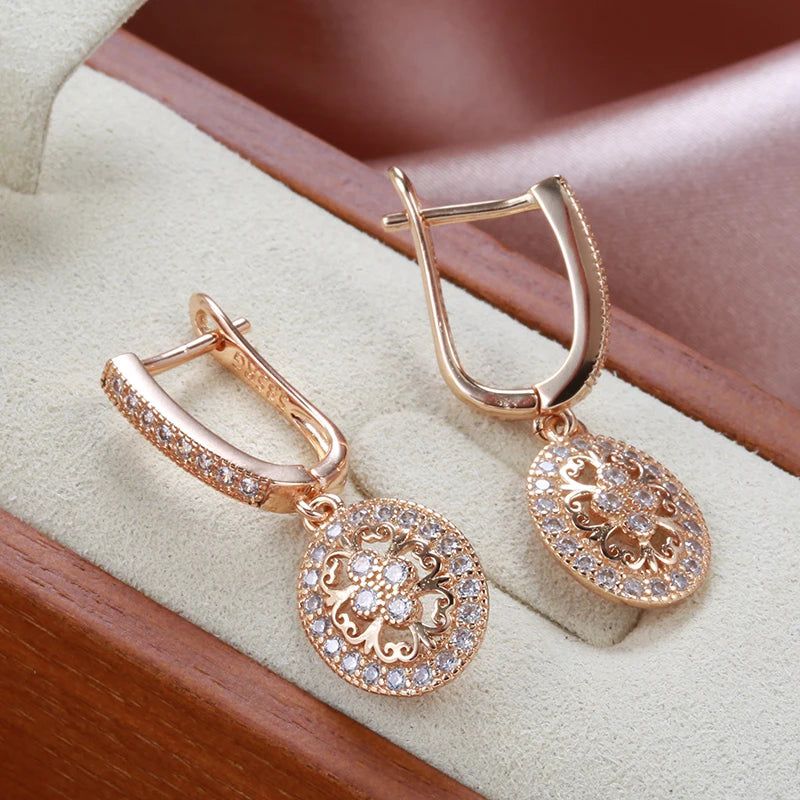 Classic 585 Rose Gold Floral Drop Earrings with Natural Zircon for Bridal Luxury