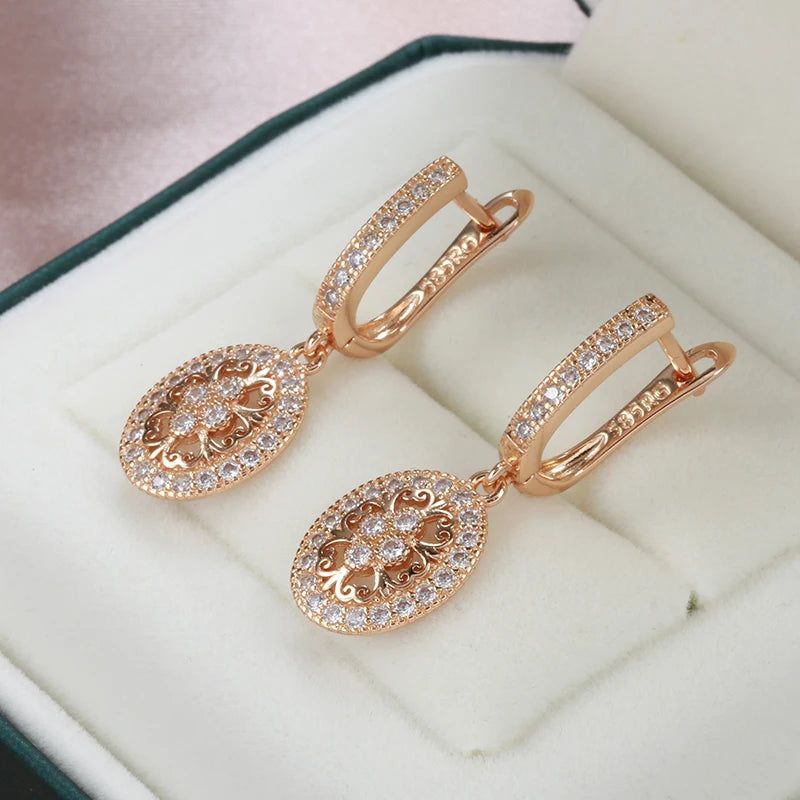 Classic 585 Rose Gold Floral Drop Earrings with Natural Zircon for Bridal Luxury