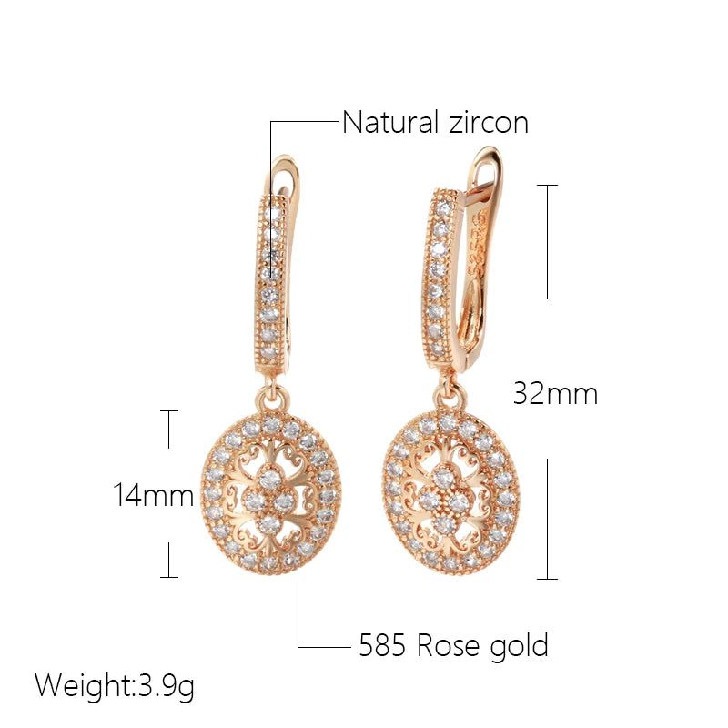 Classic 585 Rose Gold Floral Drop Earrings with Natural Zircon for Bridal Luxury