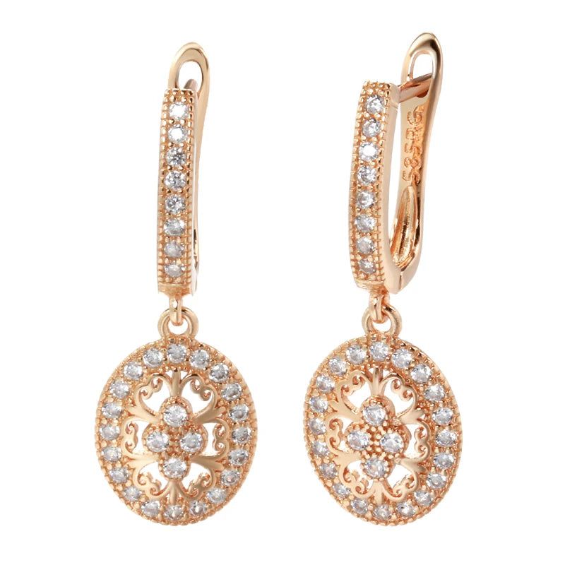 Classic 585 Rose Gold Floral Drop Earrings with Natural Zircon for Bridal Luxury