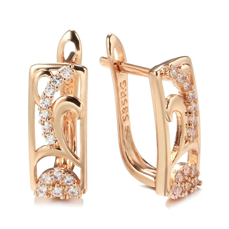 Classic 585 Rose Gold Floral Drop Earrings with Natural Zircon