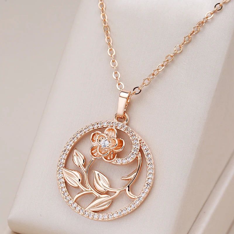 Classic 585 Rose Gold Floral Hollow Necklace with Natural Zircon Accents