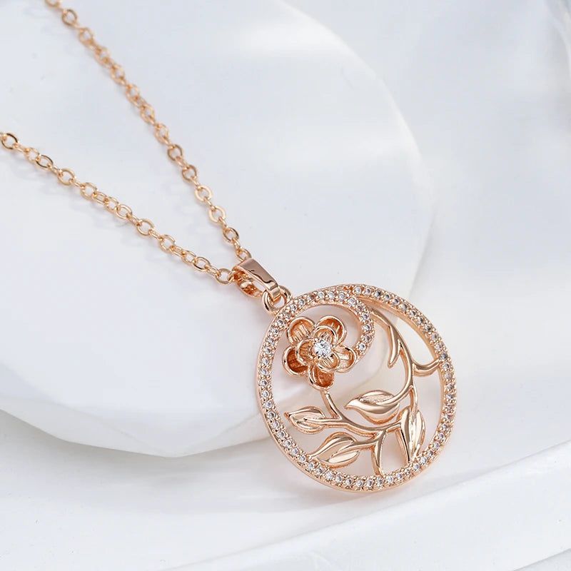 Classic 585 Rose Gold Floral Hollow Necklace with Natural Zircon Accents