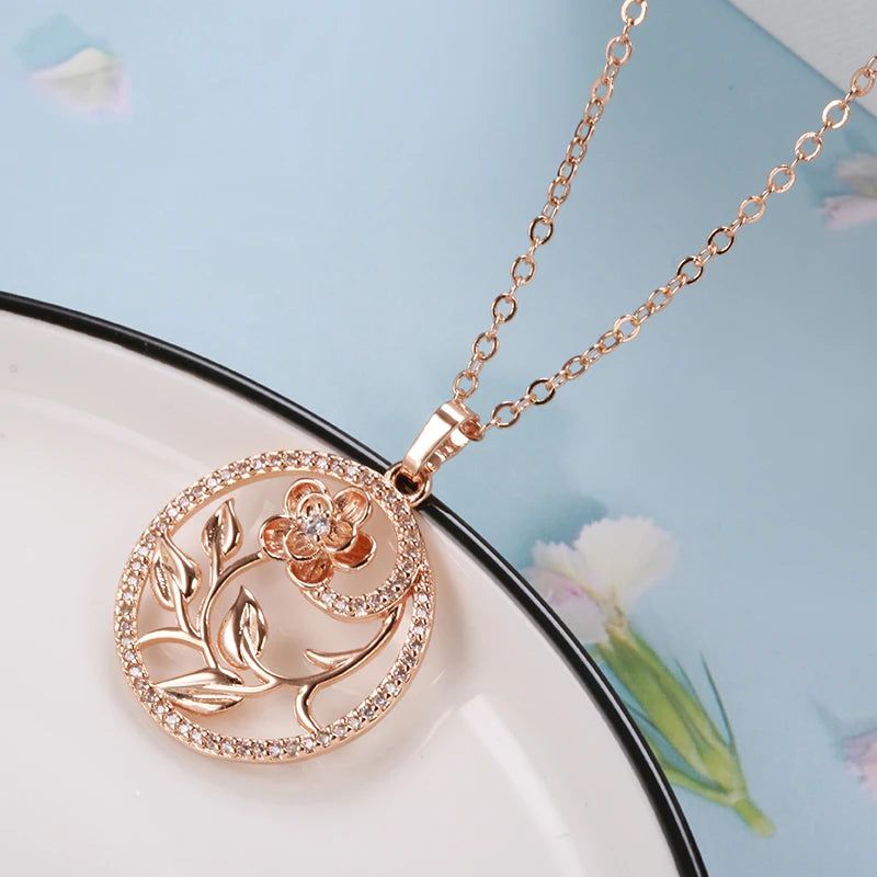 Classic 585 Rose Gold Floral Hollow Necklace with Natural Zircon Accents