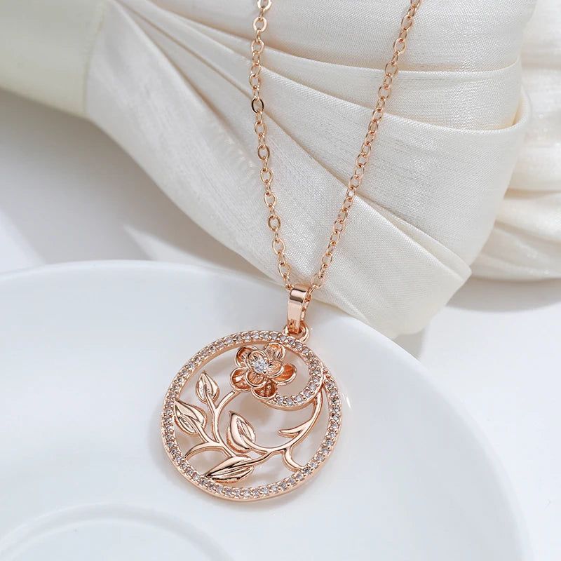 Classic 585 Rose Gold Floral Hollow Necklace with Natural Zircon Accents