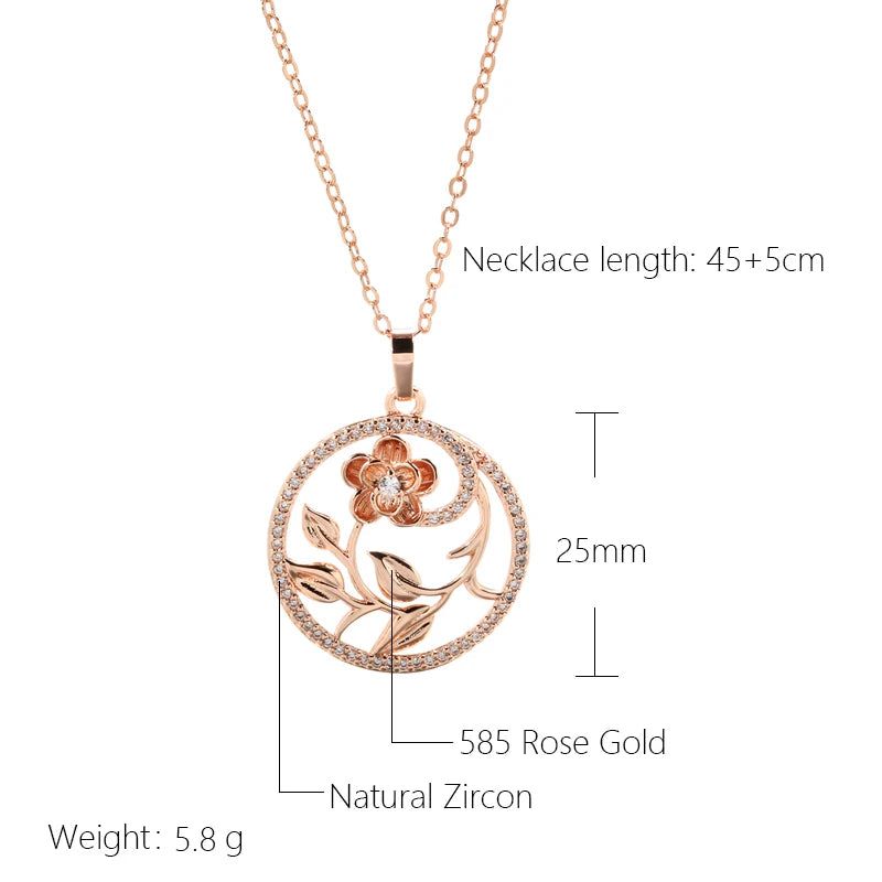 Classic 585 Rose Gold Floral Hollow Necklace with Natural Zircon Accents