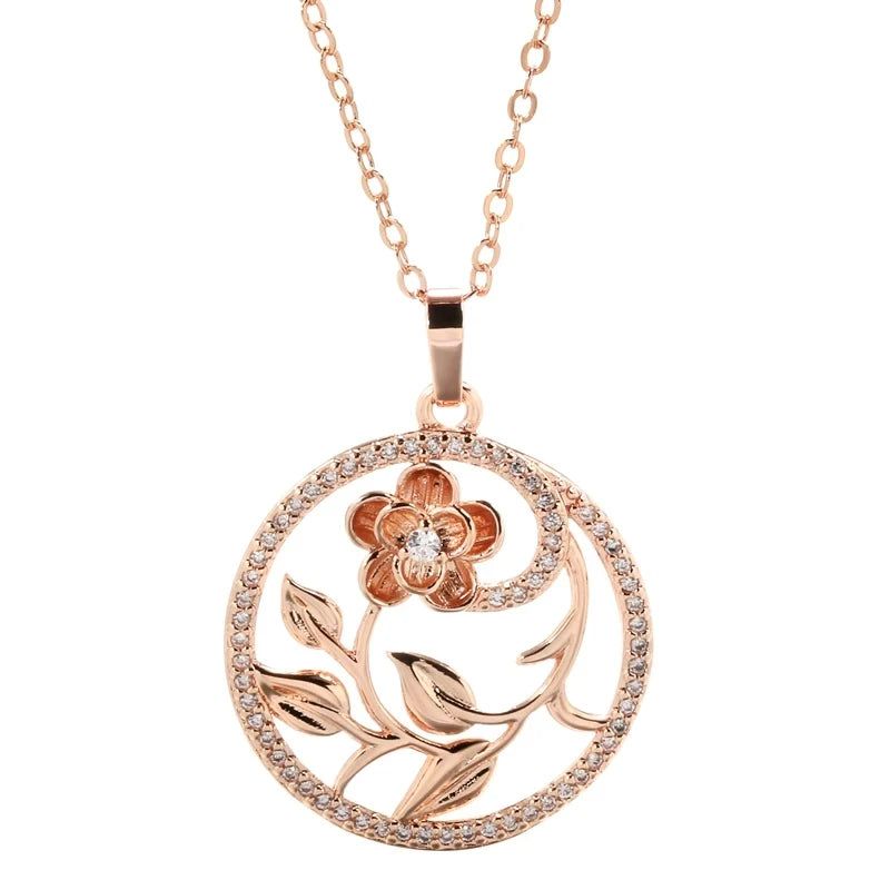 Classic 585 Rose Gold Floral Hollow Necklace with Natural Zircon Accents