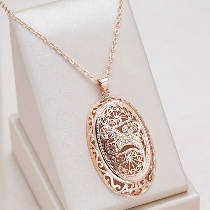 Classic 585 Rose Gold Floral Pendant Necklace with Natural Zircon Accents