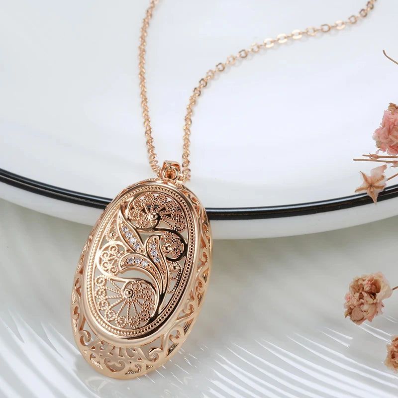 Classic 585 Rose Gold Floral Pendant Necklace with Natural Zircon Accents