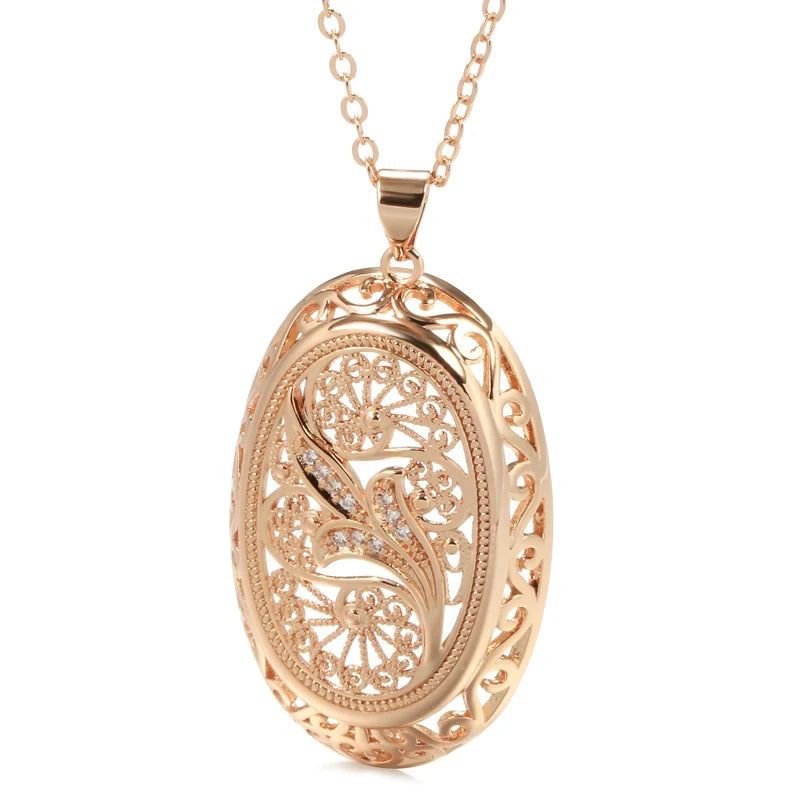 Classic 585 Rose Gold Floral Pendant Necklace with Natural Zircon Accents