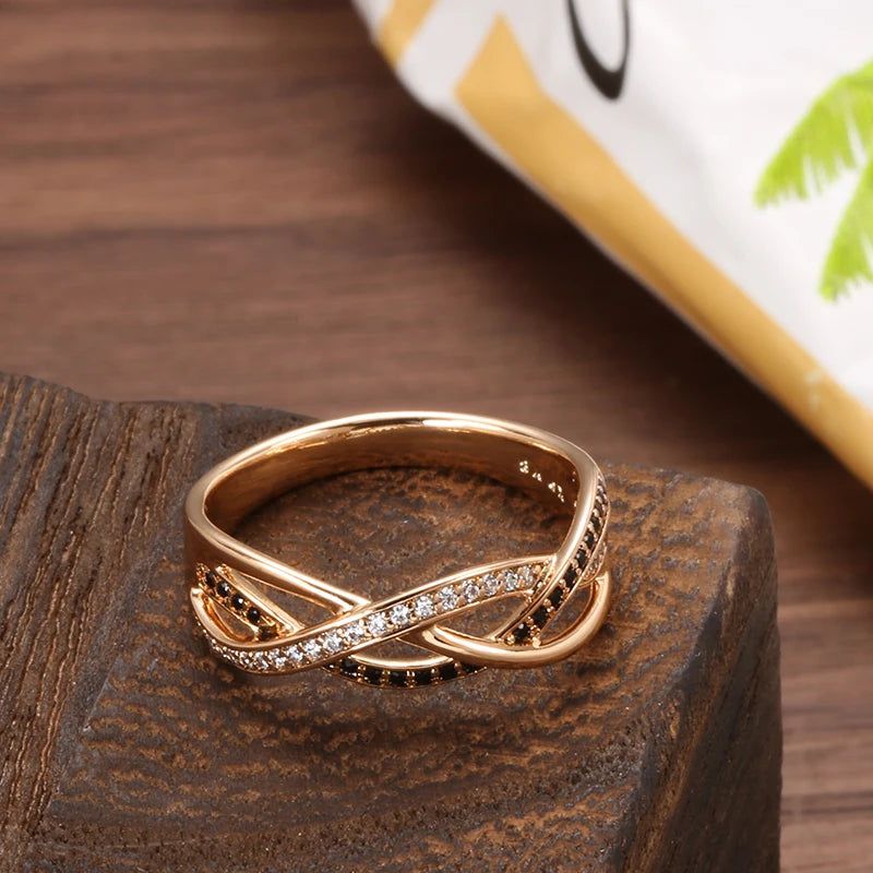 Classic 585 Rose Gold Geometric Black Zircon Cross Ring - Vintage Fashion Jewelry