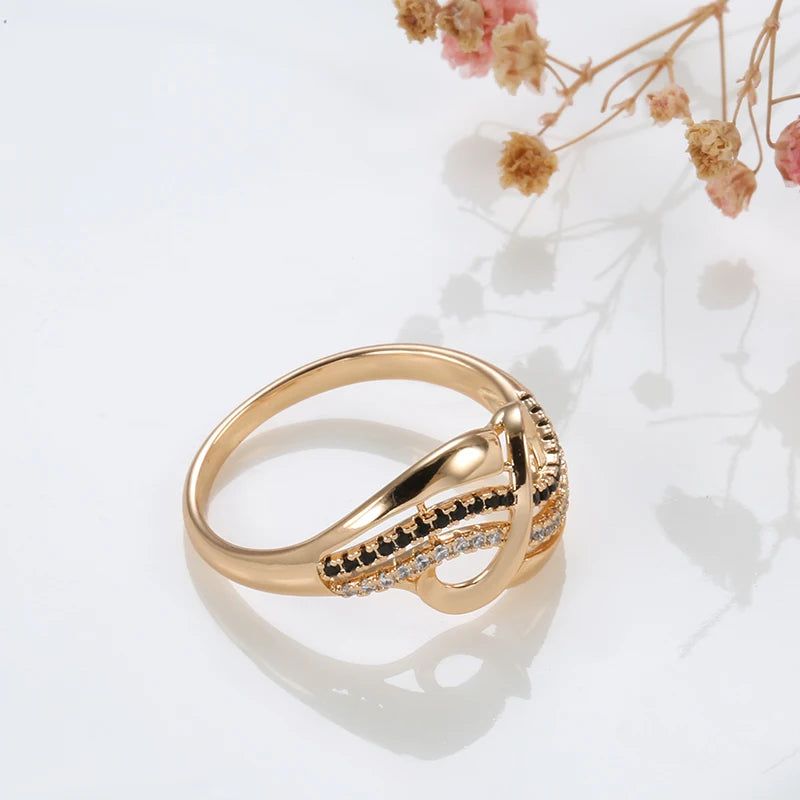 Classic 585 Rose Gold Geometric Cocktail Ring with Black Natural Zircon Accents