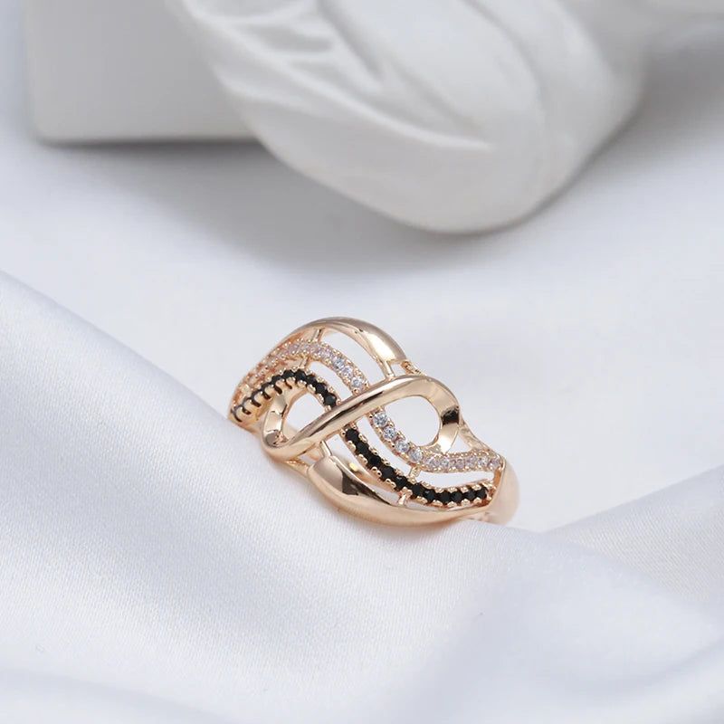 Classic 585 Rose Gold Geometric Cocktail Ring with Black Natural Zircon Accents