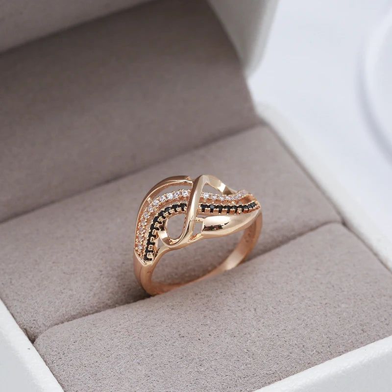 Classic 585 Rose Gold Geometric Cocktail Ring with Black Natural Zircon Accents