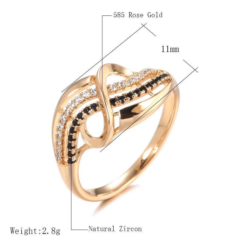 Classic 585 Rose Gold Geometric Cocktail Ring with Black Natural Zircon Accents