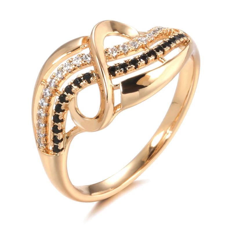 Classic 585 Rose Gold Geometric Cocktail Ring with Black Natural Zircon Accents