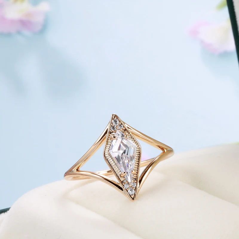 Classic 585 Rose Gold Geometric Cocktail Ring with Natural Zircon