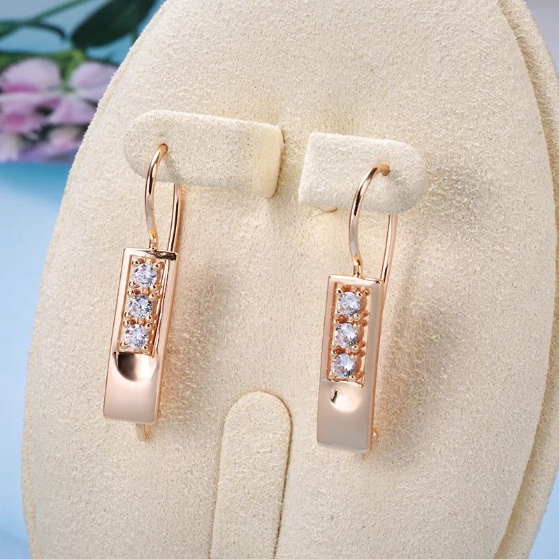 Classic 585 Rose Gold Geometric Dangle Earrings with Natural Zircon