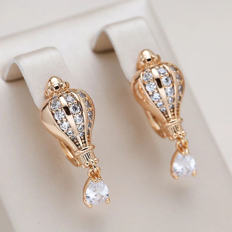 Classic 585 Rose Gold Geometric Dangle Earrings with Natural Zircon