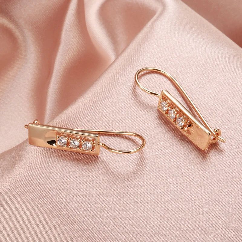 Classic 585 Rose Gold Geometric Dangle Earrings with Natural Zircon