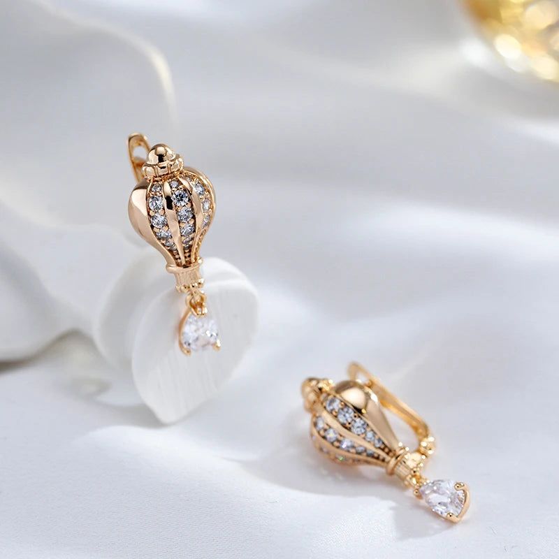 Classic 585 Rose Gold Geometric Dangle Earrings with Natural Zircon