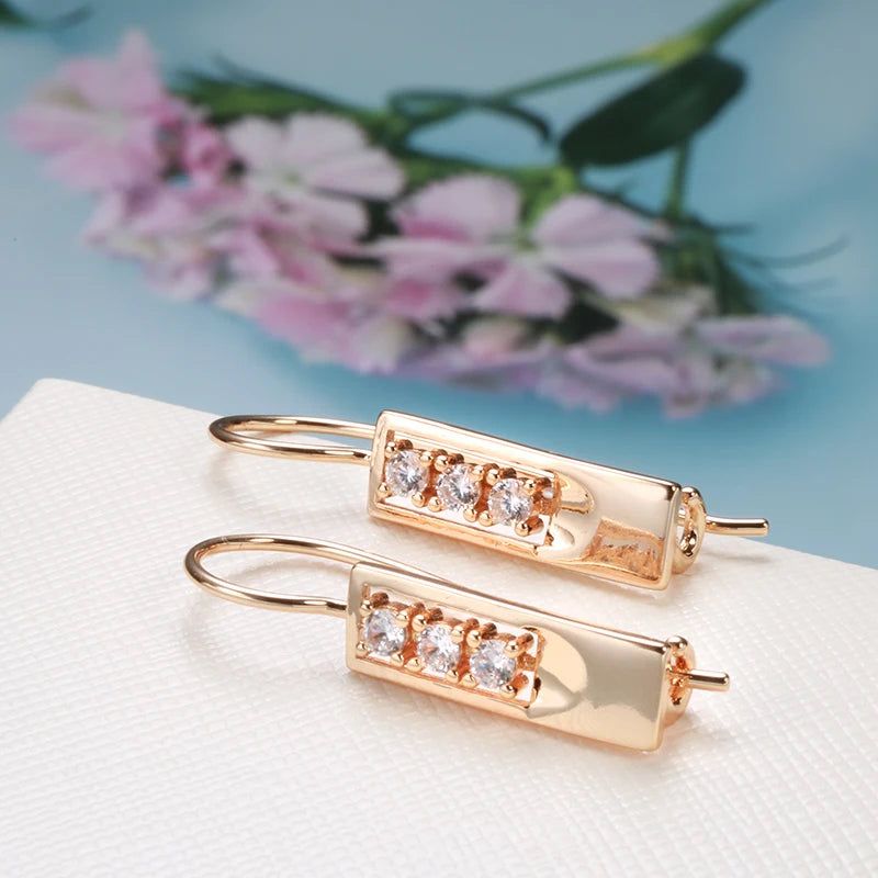 Classic 585 Rose Gold Geometric Dangle Earrings with Natural Zircon