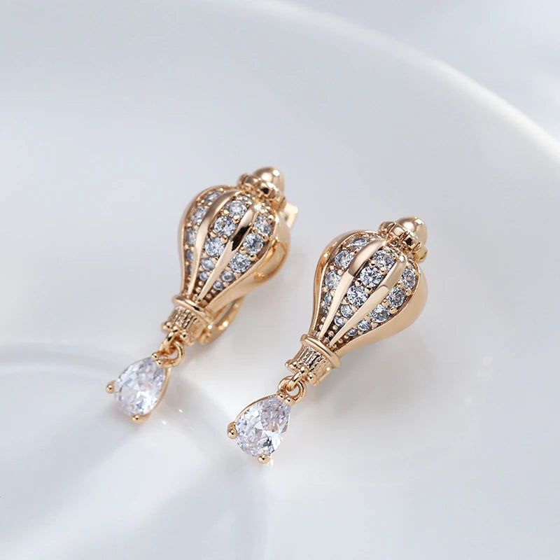 Classic 585 Rose Gold Geometric Dangle Earrings with Natural Zircon