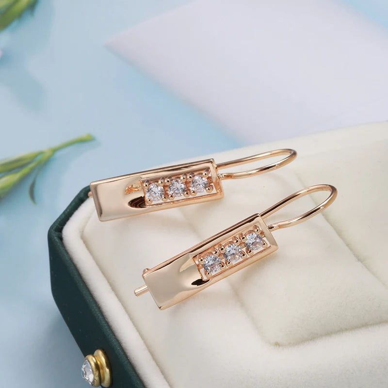 Classic 585 Rose Gold Geometric Dangle Earrings with Natural Zircon