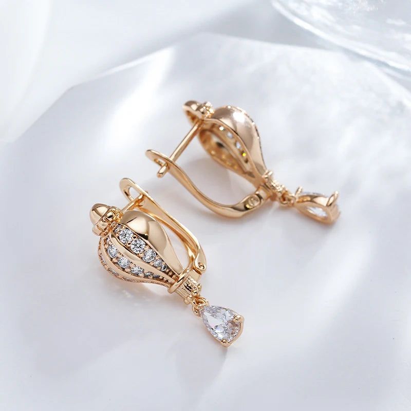 Classic 585 Rose Gold Geometric Dangle Earrings with Natural Zircon