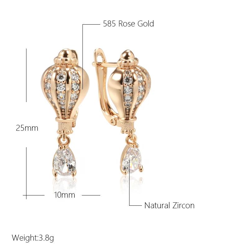 Classic 585 Rose Gold Geometric Dangle Earrings with Natural Zircon