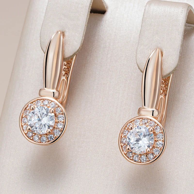 Classic 585 Rose Gold Geometric Dangle Earrings with Natural Zircon Accents