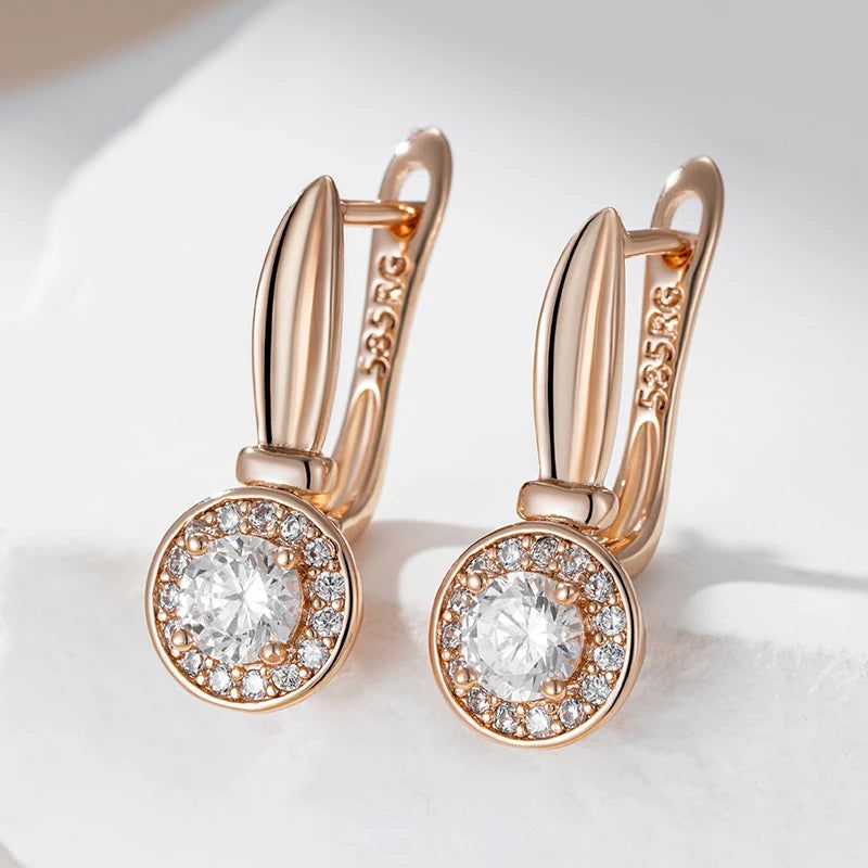 Classic 585 Rose Gold Geometric Dangle Earrings with Natural Zircon Accents