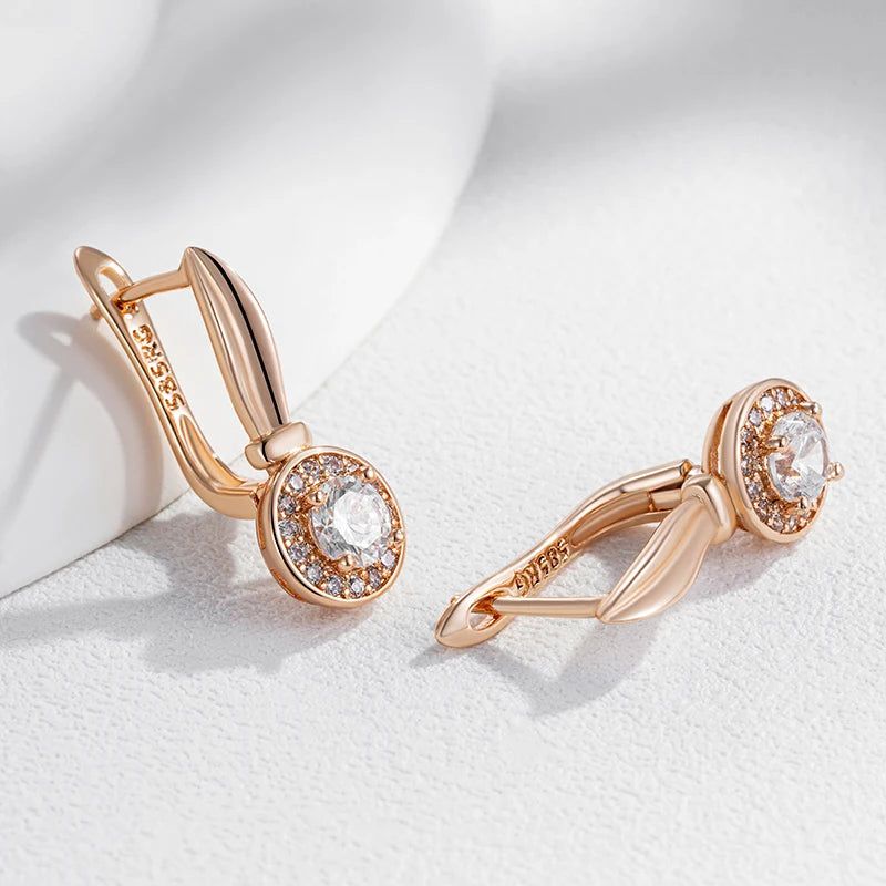 Classic 585 Rose Gold Geometric Dangle Earrings with Natural Zircon Accents