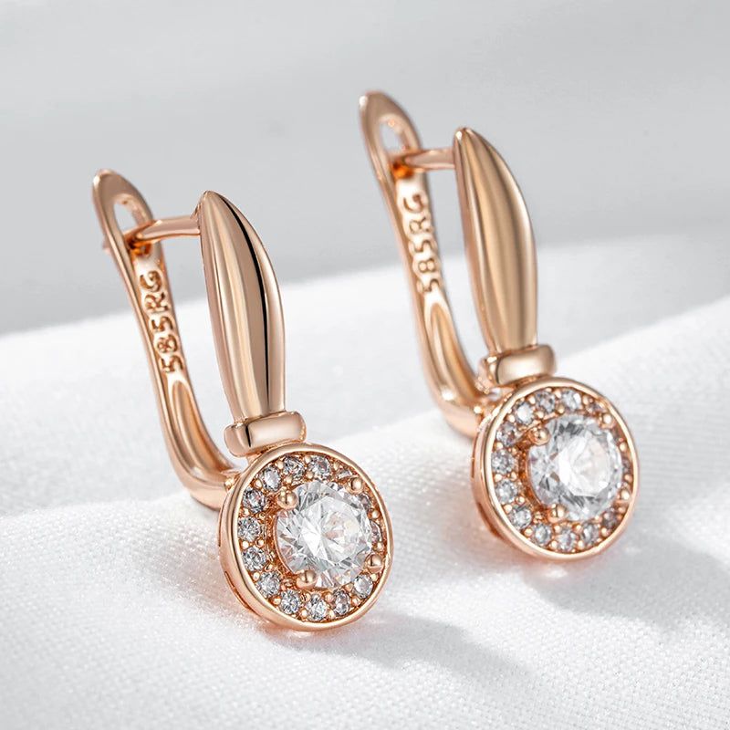 Classic 585 Rose Gold Geometric Dangle Earrings with Natural Zircon Accents