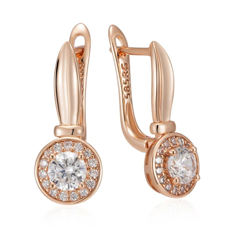 Classic 585 Rose Gold Geometric Dangle Earrings with Natural Zircon Accents