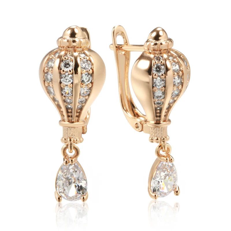 Classic 585 Rose Gold Geometric Dangle Earrings with Natural Zircon