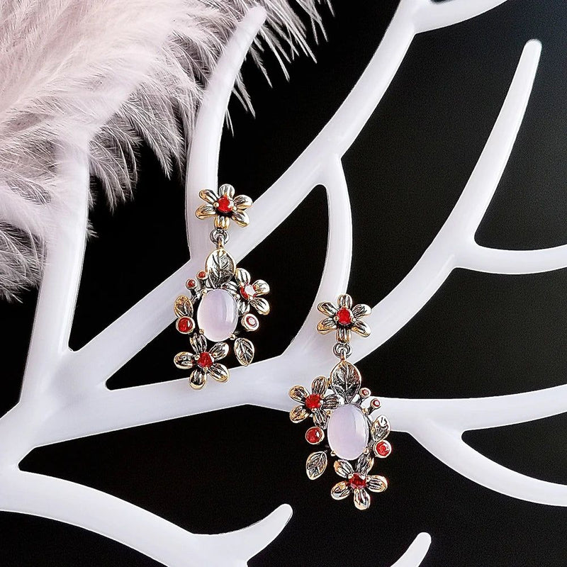 Classic Baroque Floral Drop Earrings with Pink Opal and Orange Zircon