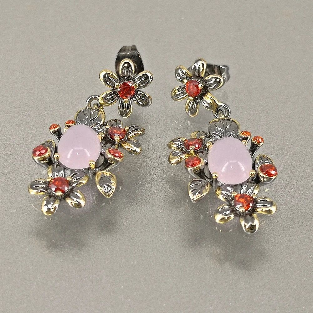 Classic Baroque Floral Drop Earrings with Pink Opal and Orange Zircon