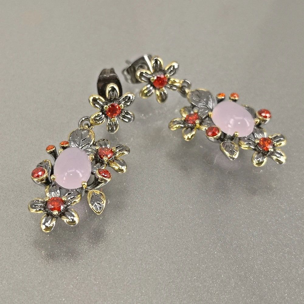 Classic Baroque Floral Drop Earrings with Pink Opal and Orange Zircon