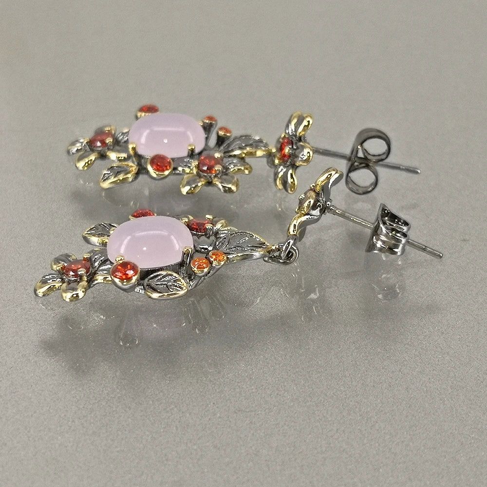 Classic Baroque Floral Drop Earrings with Pink Opal and Orange Zircon