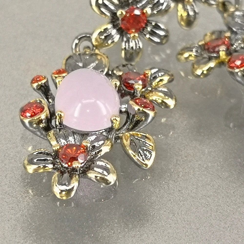 Classic Baroque Floral Drop Earrings with Pink Opal and Orange Zircon