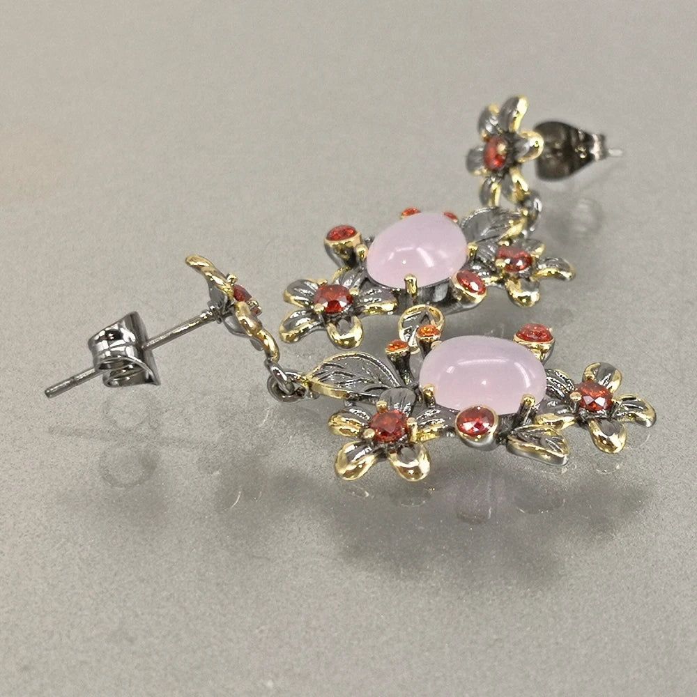 Classic Baroque Floral Drop Earrings with Pink Opal and Orange Zircon