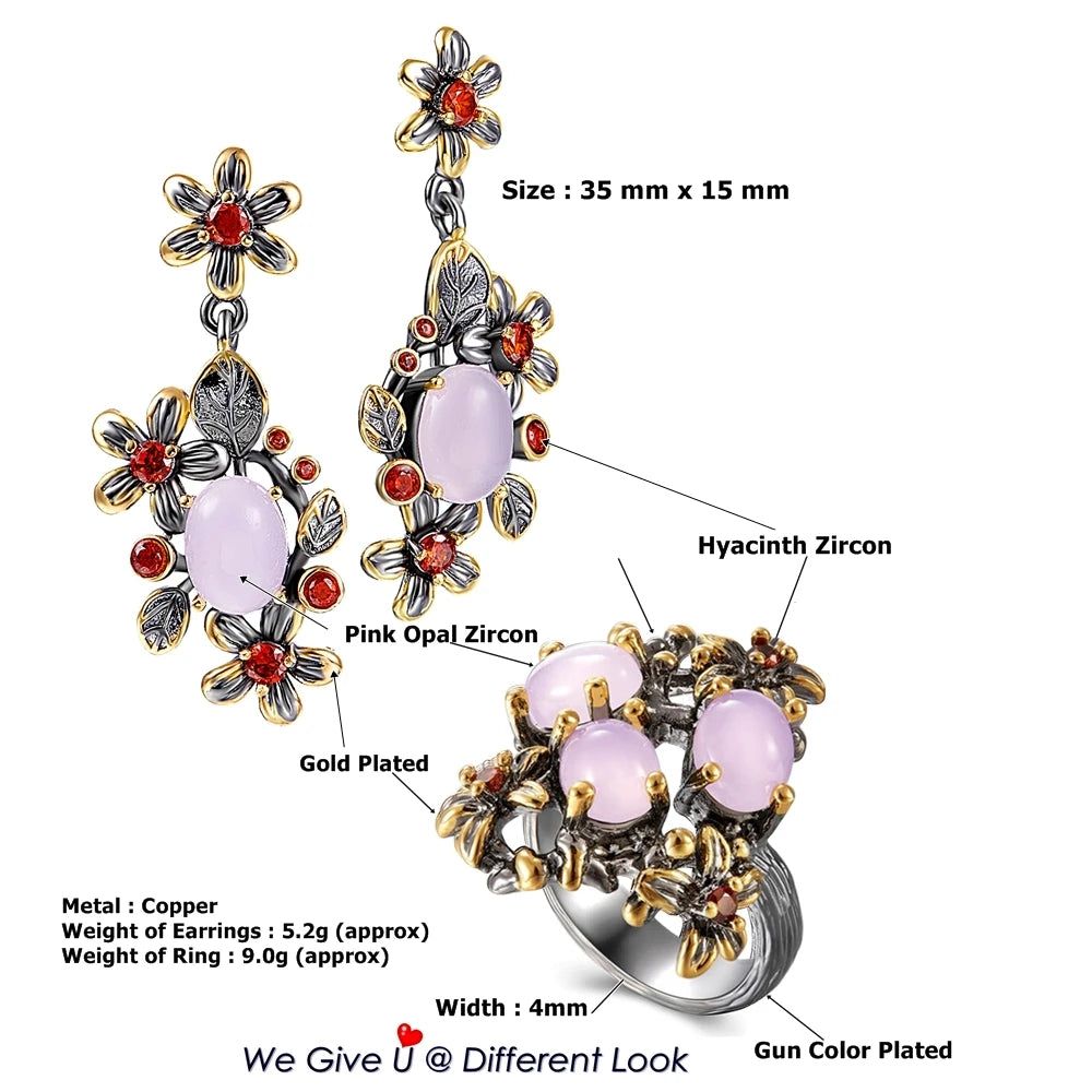 Classic Baroque Floral Drop Earrings with Pink Opal and Orange Zircon