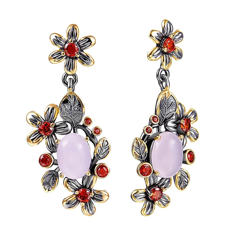 Classic Baroque Floral Drop Earrings with Pink Opal and Orange Zircon