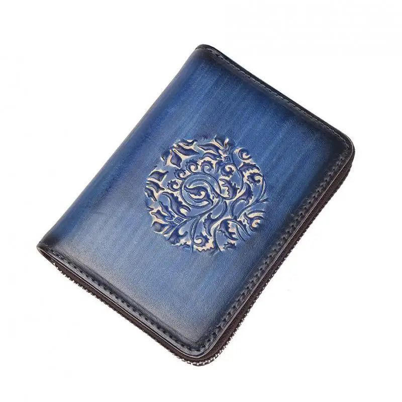 Classic Cowhide Leather Multi-Card Wallet with Coin Purse and Floral Embossing