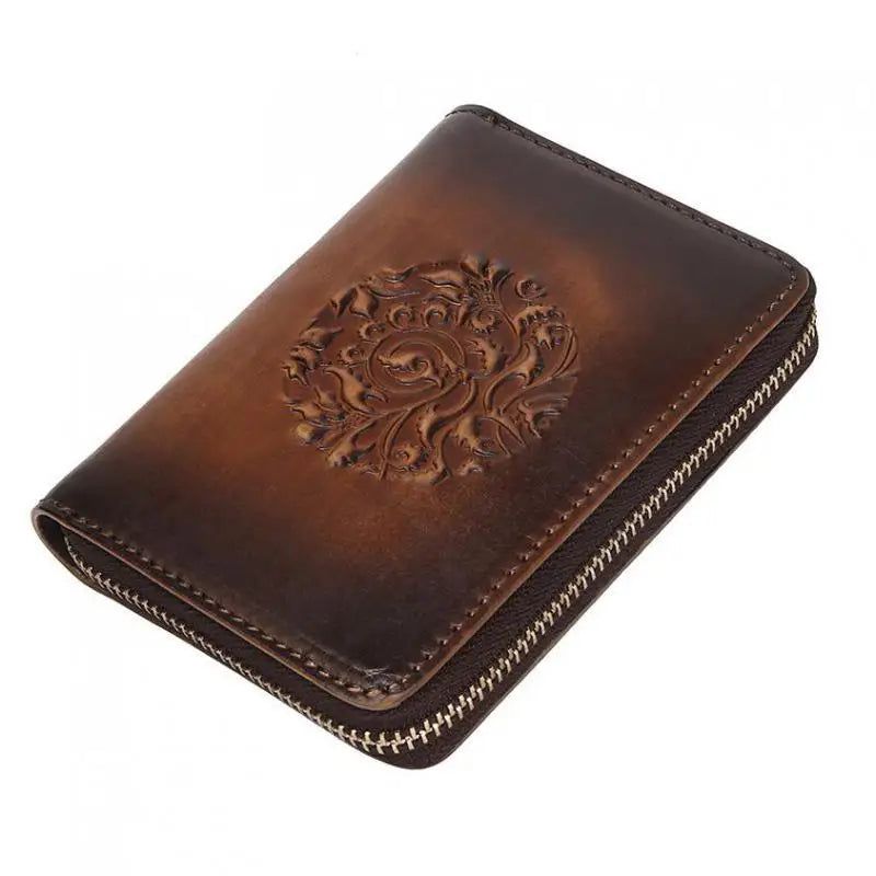 Classic Cowhide Leather Multi-Card Wallet with Coin Purse and Floral Embossing