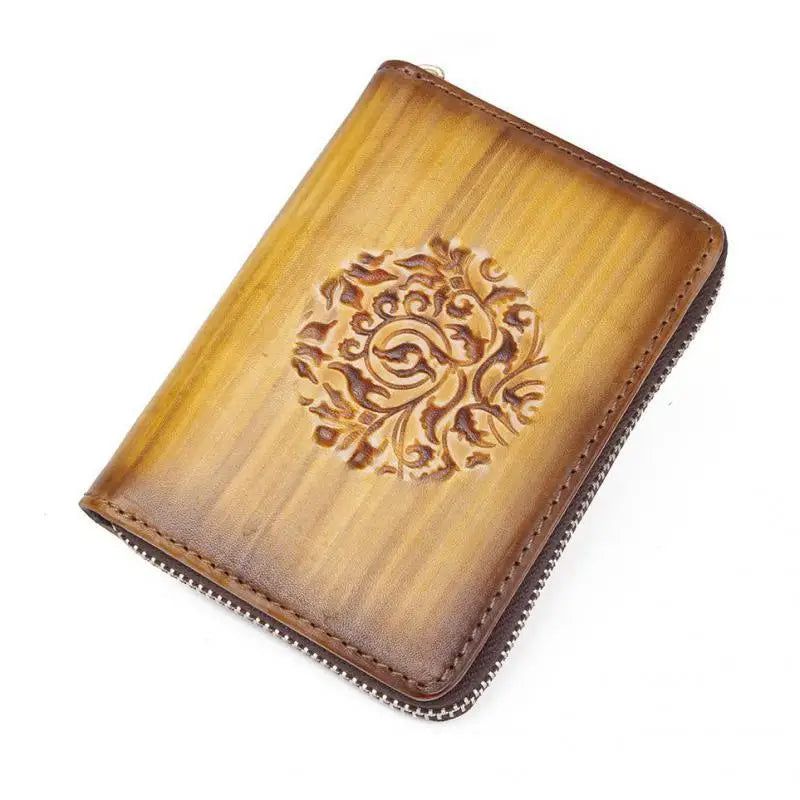 Classic Cowhide Leather Multi-Card Wallet with Coin Purse and Floral Embossing