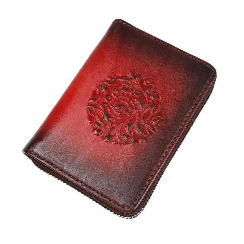 Classic Cowhide Leather Multi-Card Wallet with Coin Purse and Floral Embossing