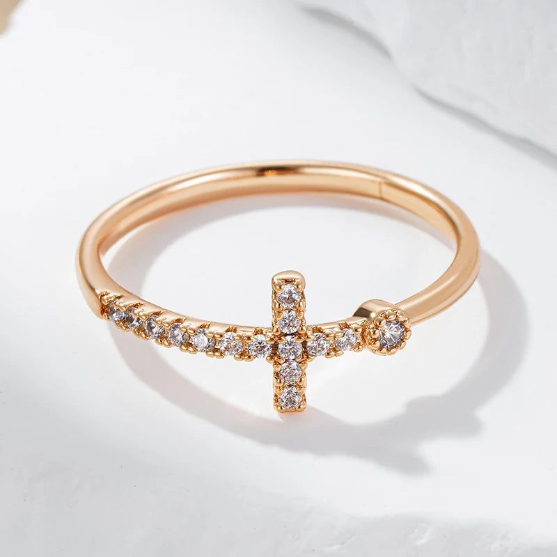 Classic Faith Cross Ring in 585 Rose Gold with Shiny Natural Zircon