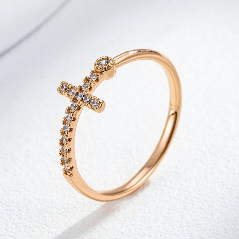 Classic Faith Cross Ring in 585 Rose Gold with Shiny Natural Zircon